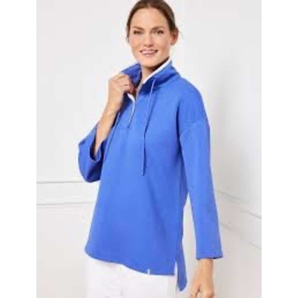 T by Talbots Shirt Women L Mixed Quilt Blue Textured Sporty Pullover Casual